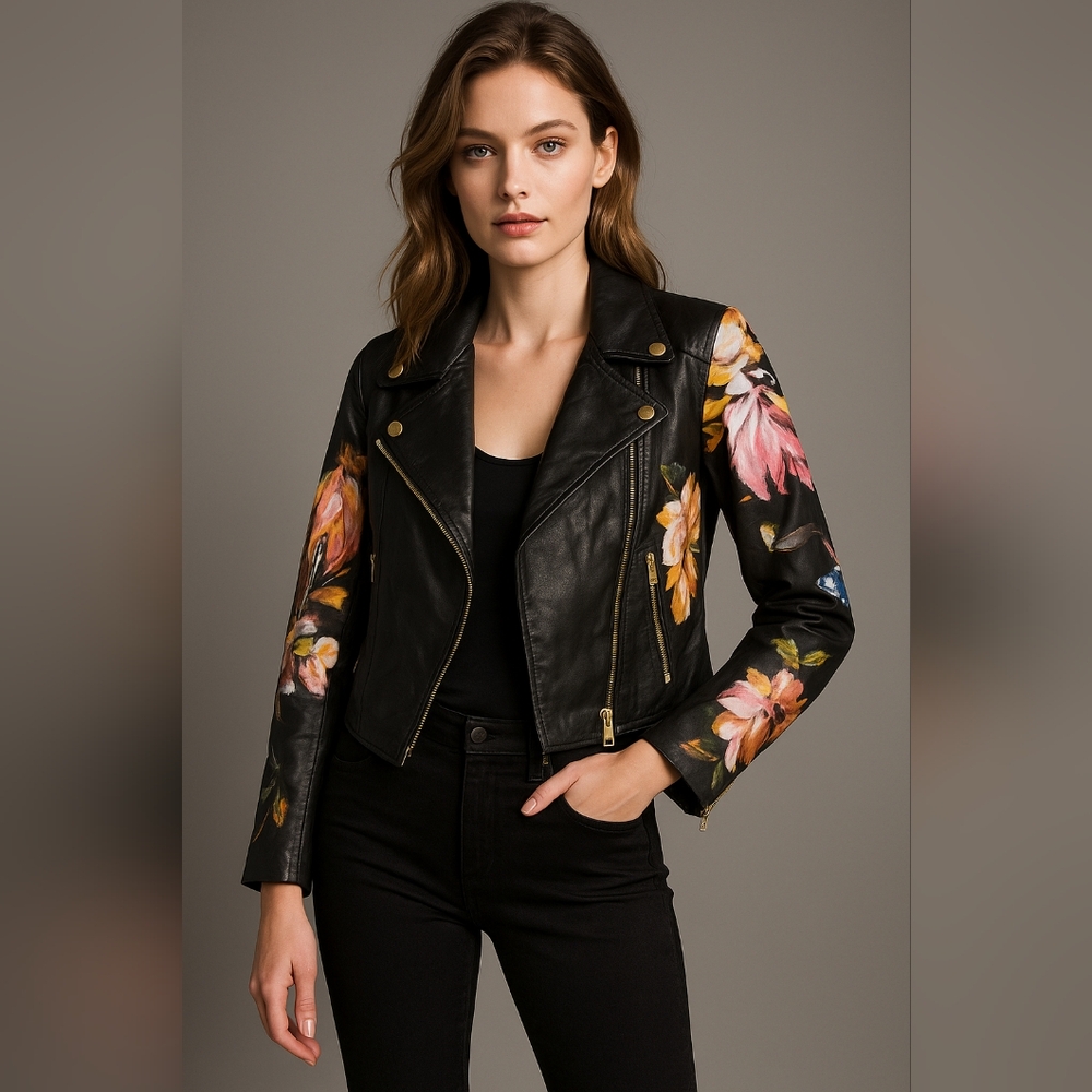 Just Cavalli Floral Sleeve Leather Biker Jacket Size 40 S nwot